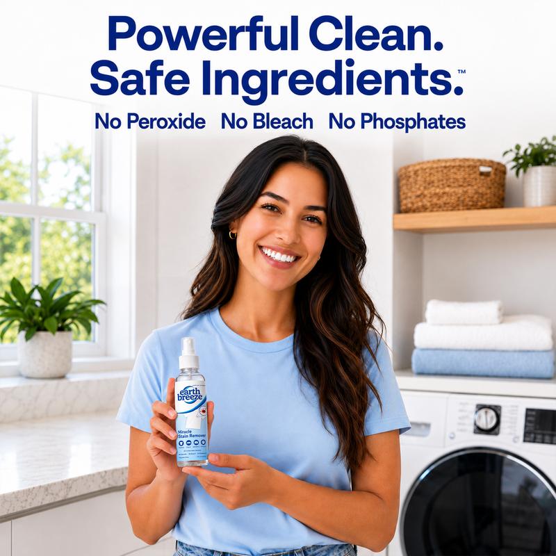 **¡NUEVO! Earth Breeze Miracle Stain Remover Spray** **Quitamanchas todo en uno** de acción rápida para ropa, alfombras, tapicería y manchas de mascotas. **Sin lejía, no tóxico.** Fabricado en EE. UU. **4 fl oz (118 ml).**
