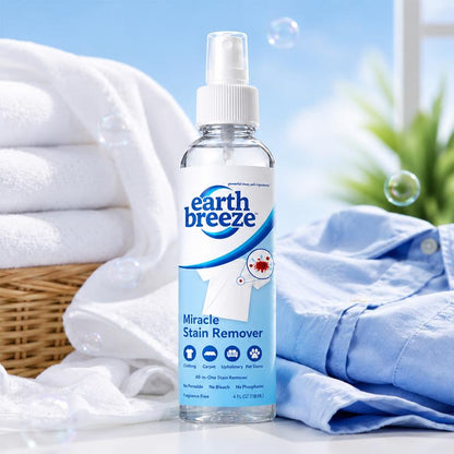 **¡NUEVO! Earth Breeze Miracle Stain Remover Spray** **Quitamanchas todo en uno** de acción rápida para ropa, alfombras, tapicería y manchas de mascotas. **Sin lejía, no tóxico.** Fabricado en EE. UU. **4 fl oz (118 ml).**