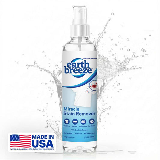 **¡NUEVO! Earth Breeze Miracle Stain Remover Spray** **Quitamanchas todo en uno** de acción rápida para ropa, alfombras, tapicería y manchas de mascotas. **Sin lejía, no tóxico.** Fabricado en EE. UU. **4 fl oz (118 ml).**